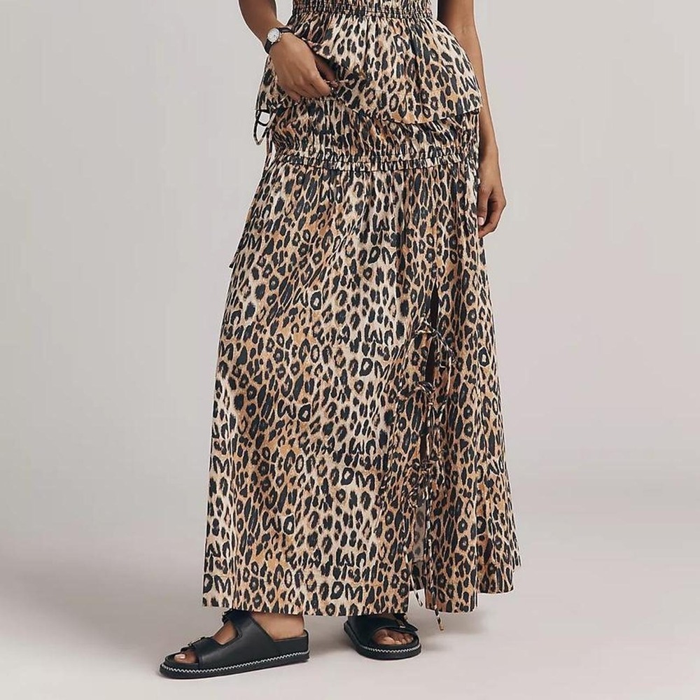 Damson Madder Charlotte Skirt Women's Size 2 Leopard Print Smocked Cotton NWT
